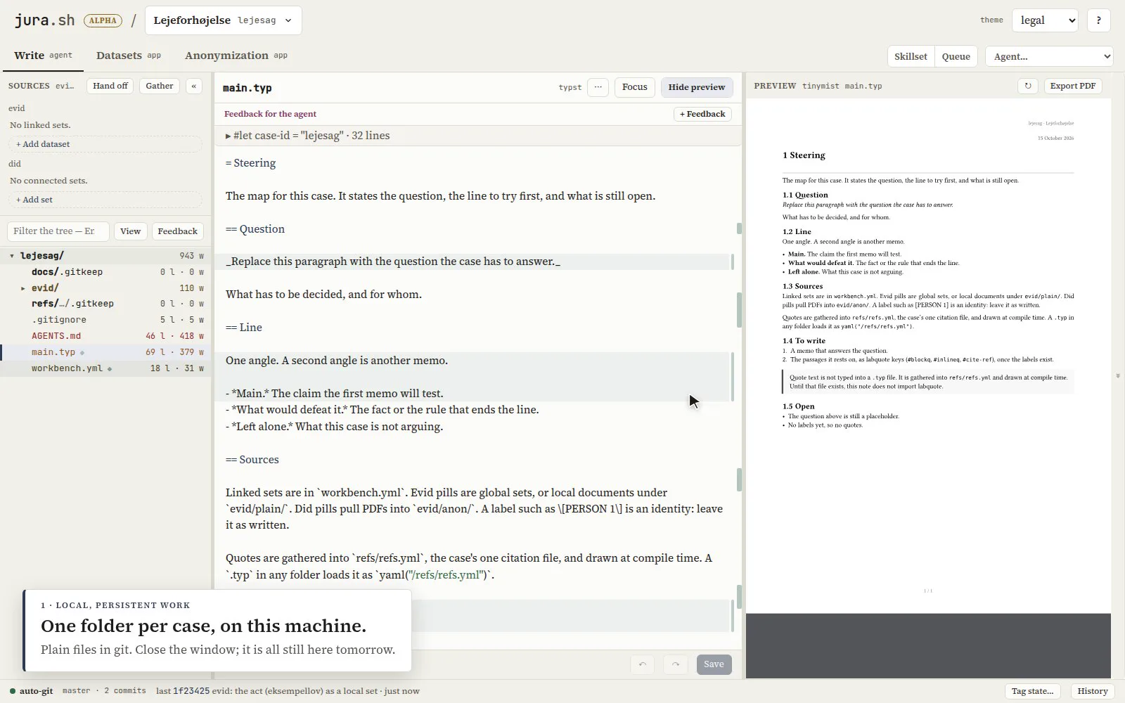 Write: the case folder, main.typ in the editor and its live preview