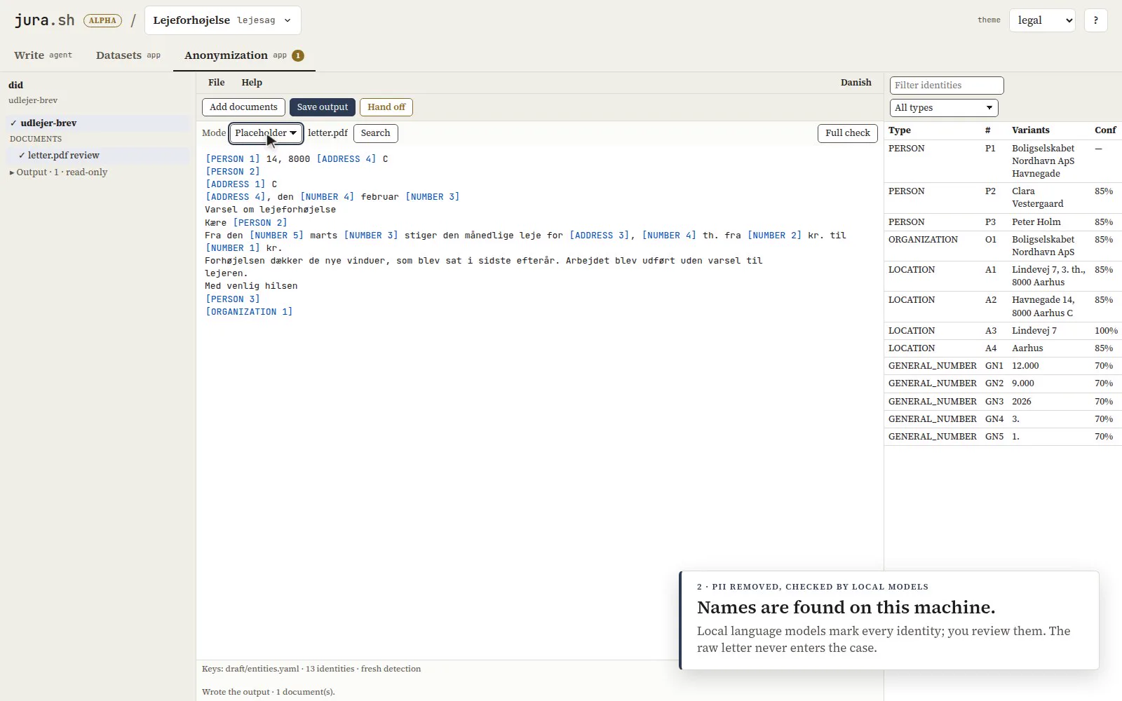 Anonymization: the letter with placeholders and the list of identities found