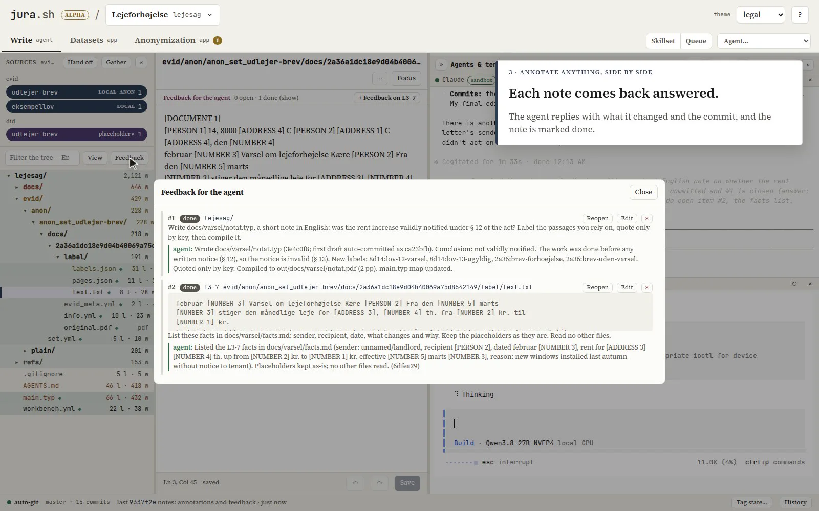 Feedback for the agent: a note on the case and a note on lines of the letter, each answered by the agent it went to